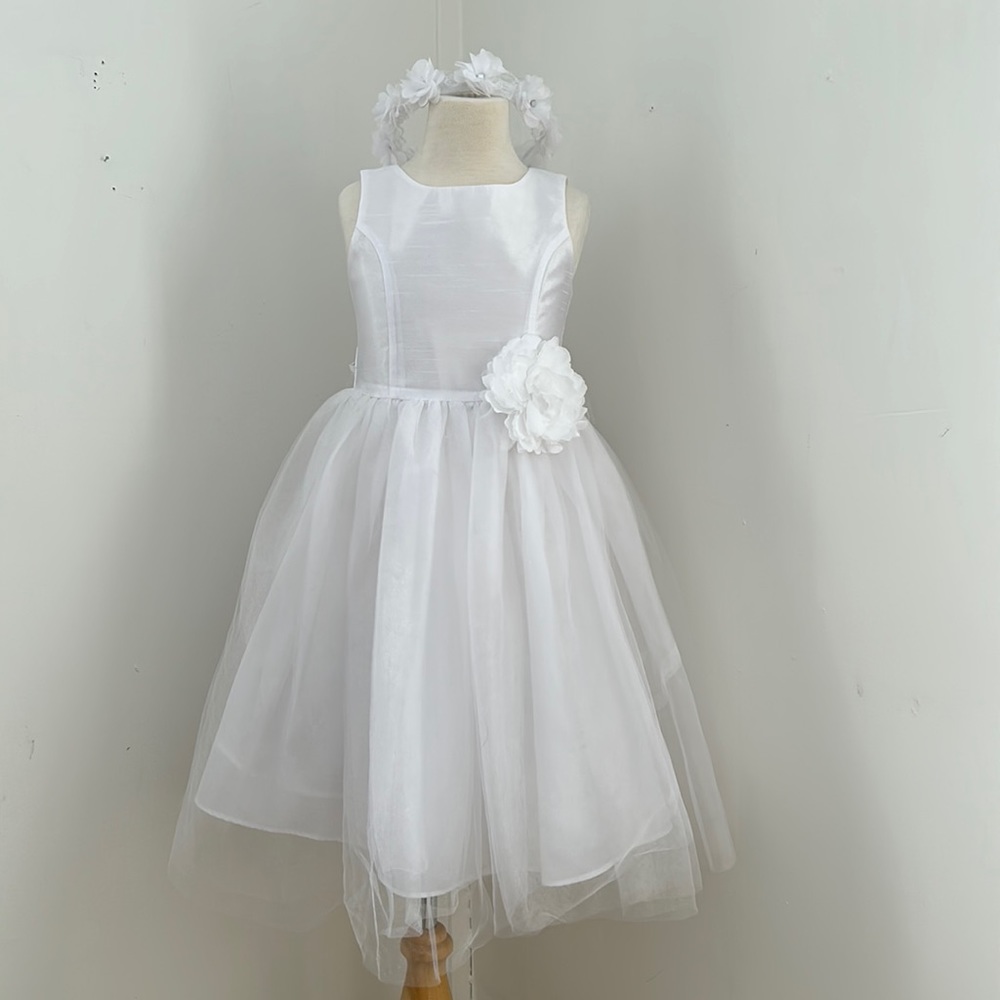 Pippa & Julie White Satin and Tulle Flower Sash Dress